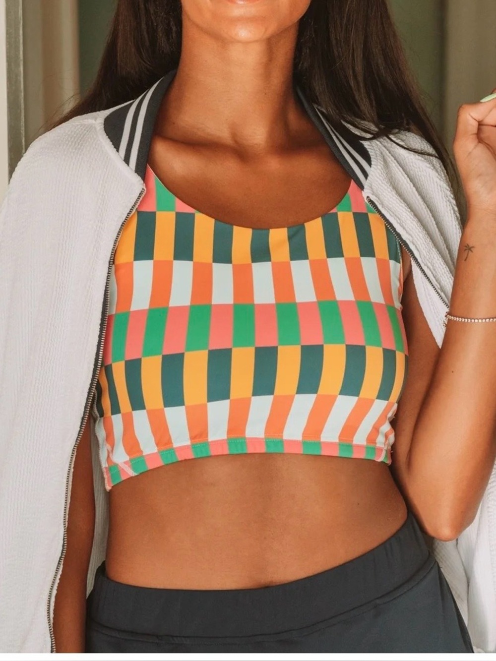 Marie Birdie Slay It Sports Top Color Check Activewear Crop Bra Women's Size L